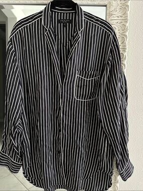 rag & bone Hahn Silk Black and White Vertical Stripe Button-Down Shirt